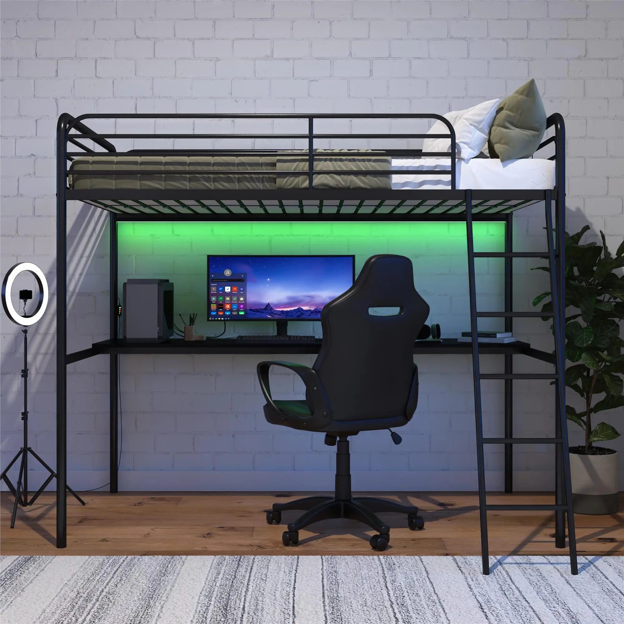 NTense Contra Black Twin Loft Bed with Desk and LED Lights-2