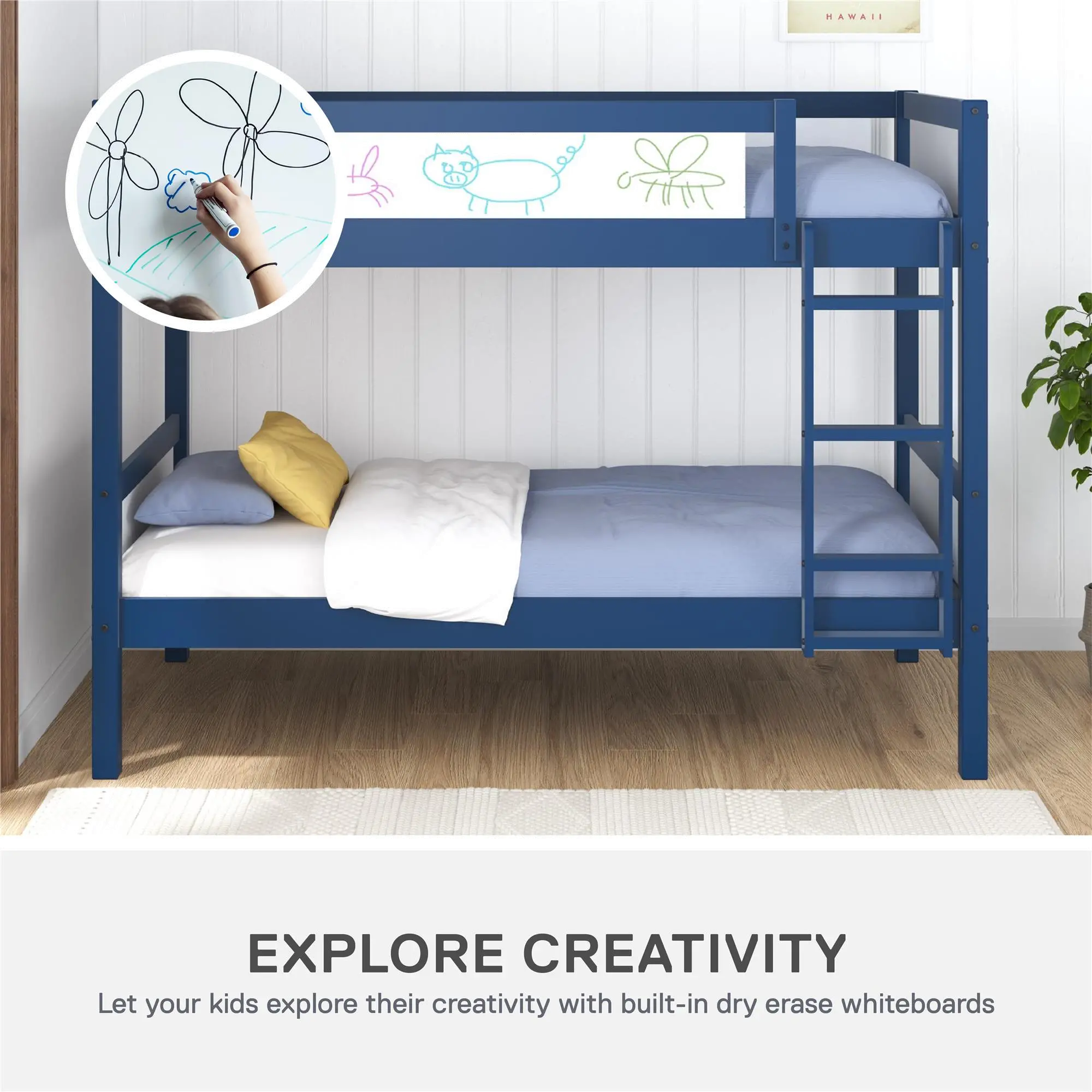 Adrian Navy Blue Wood Twin over Twin Bunk Bed-3