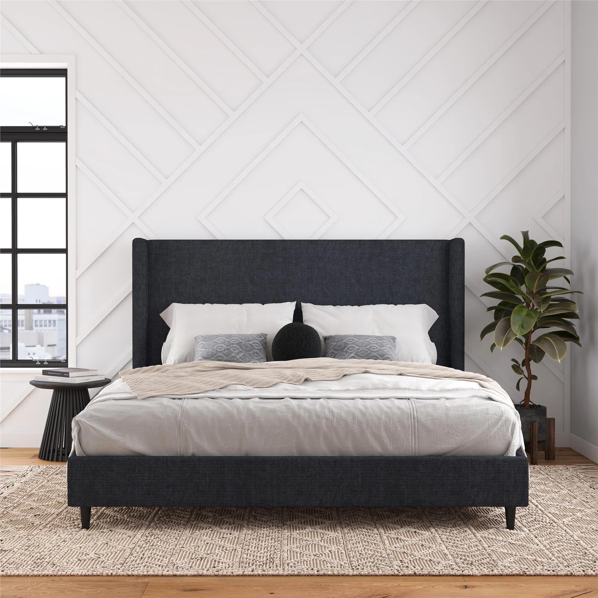 Eveline Dark Blue Upholstered King Bed-1