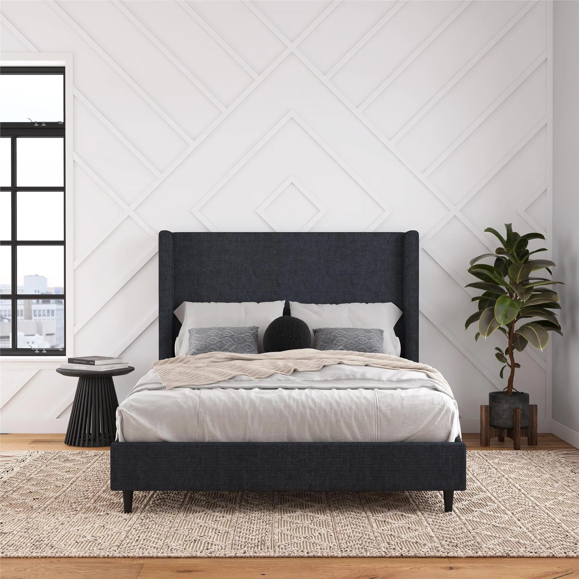 Eveline Dark Blue Upholstered Queen Bed-1