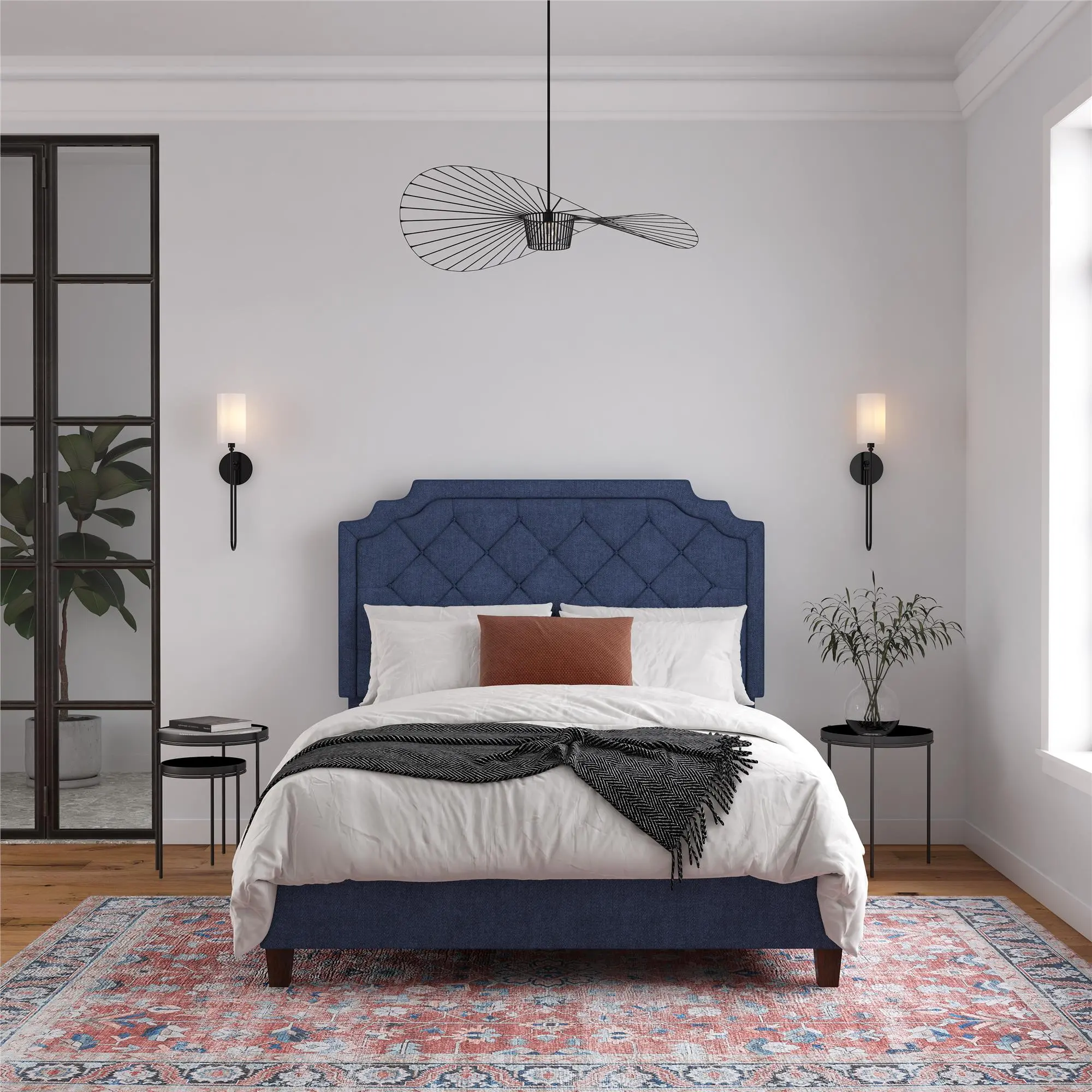 Eloise Navy Blue Chenille Upholstered Platform Queen Bed-2