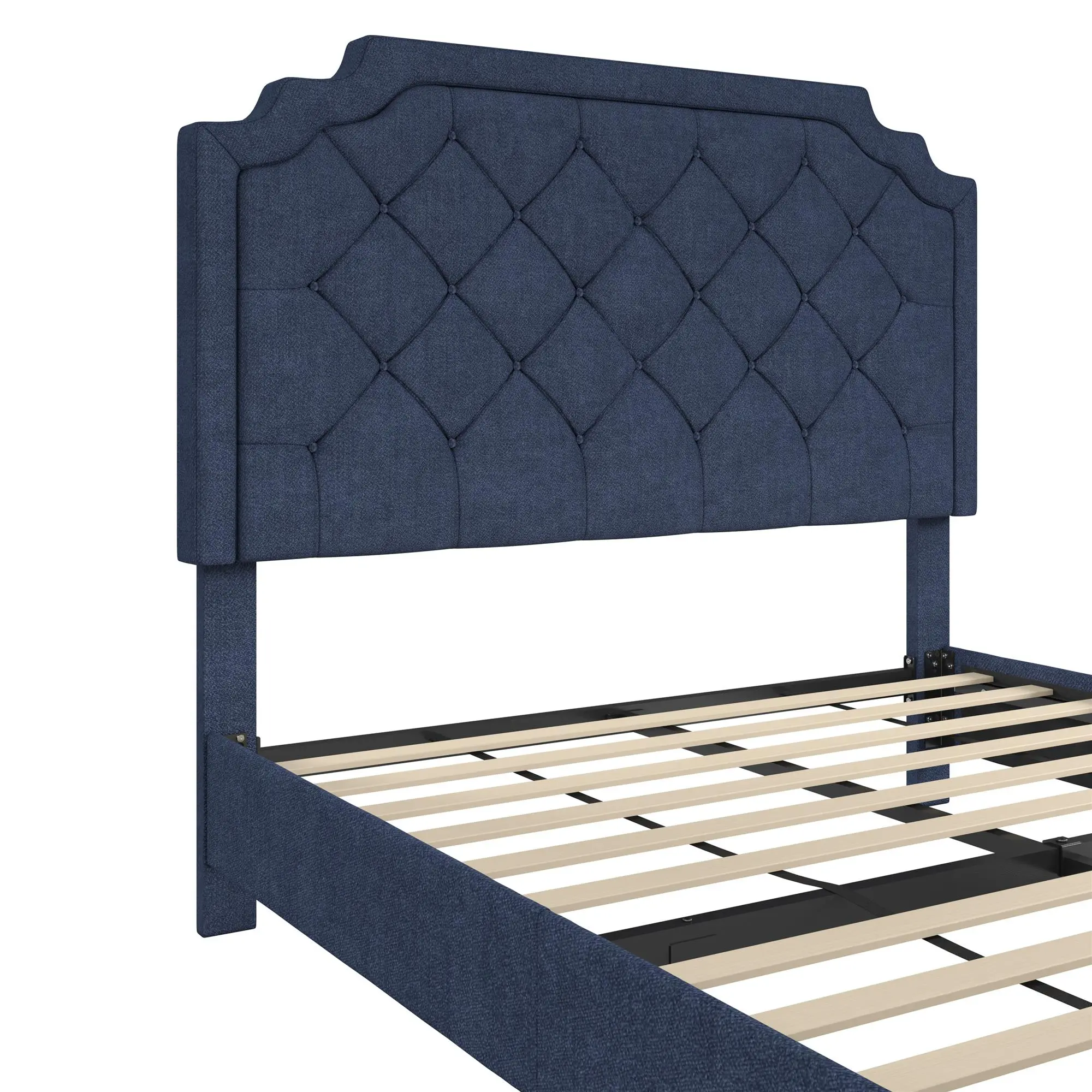 Eloise Navy Blue Chenille Upholstered Platform Queen Bed-7