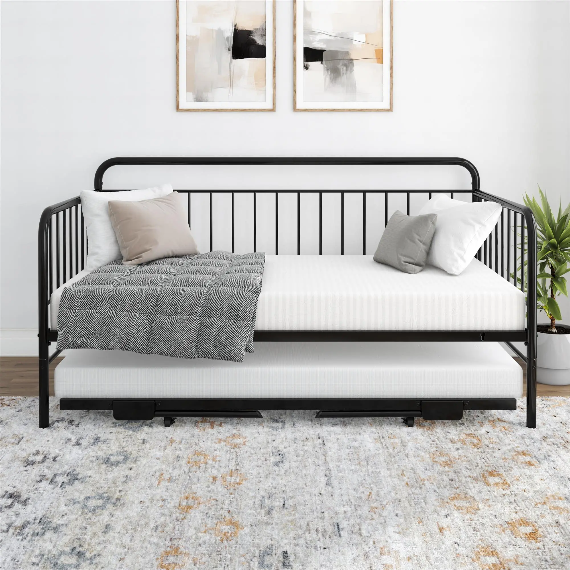 Oddny Black Metal Twin Daybed with Pop Up Trundle Bed-1