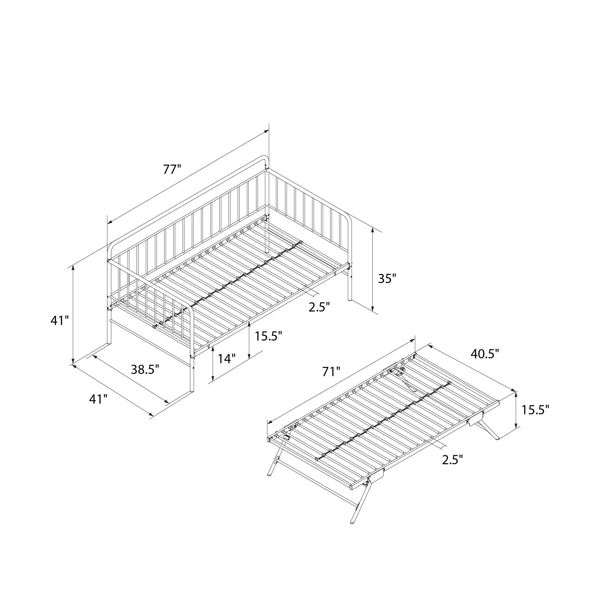 Oddny Black Metal Twin Daybed with Pop Up Trundle Bed-11