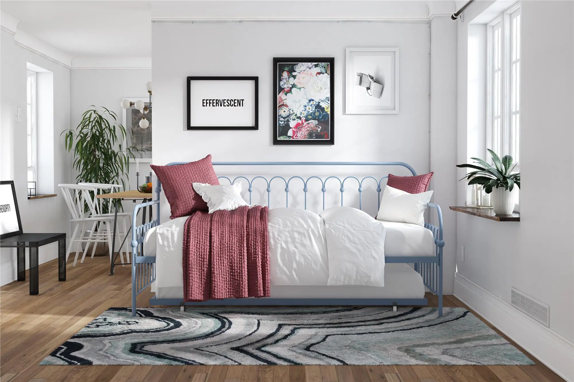 Bright Pop Stone Blue Metal Twin Daybed with Trundle-1
