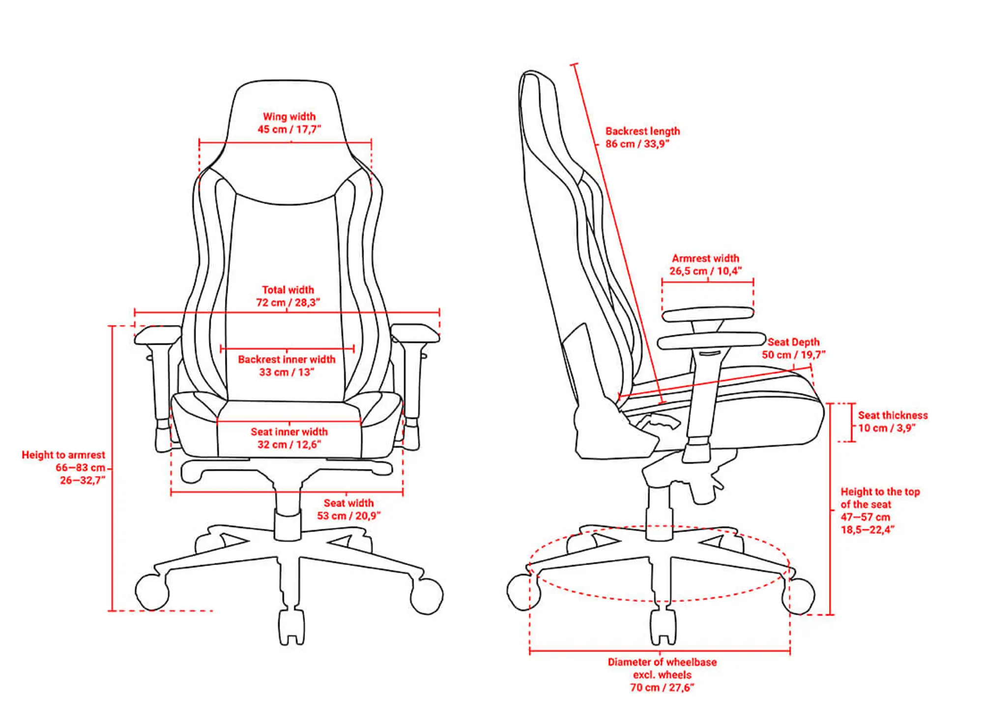 Red gaming chair shown from the side-back angle highlighting the tall backrest.