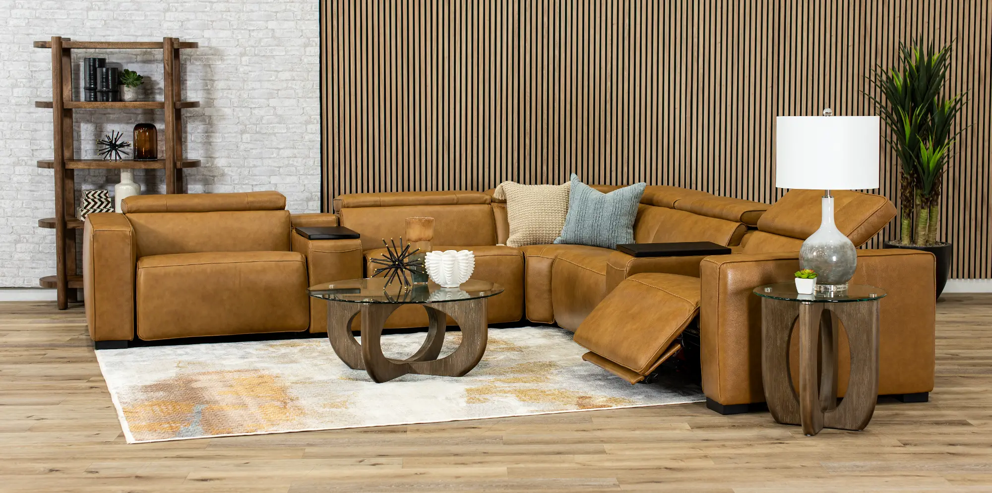 Softee Palomino Brown Leather 7-Piece Power Reclining Sectional