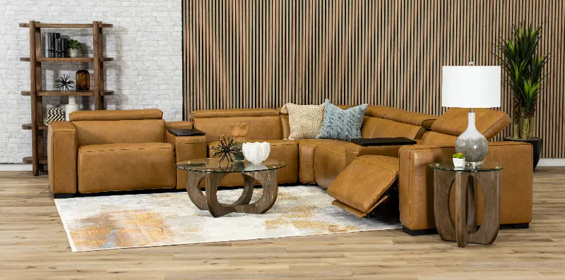 Softee Palomino Brown Leather 7-Piece Power Reclining Sectional