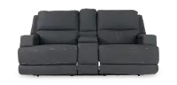 Rushton Midnight Navy Blue Leather Power Reclining Loveseat with Multimedia Console