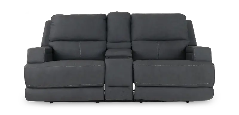 Rushton Midnight Navy Blue Leather Power Reclining Loveseat with Multimedia Console