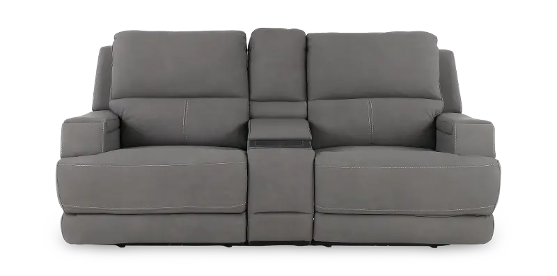 Rushton Slate Gray Leather Power Reclining Loveseat with Multimedia Console