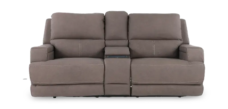 Rushton Espresso Brown Leather Power Reclining Loveseat with Multimedia Console