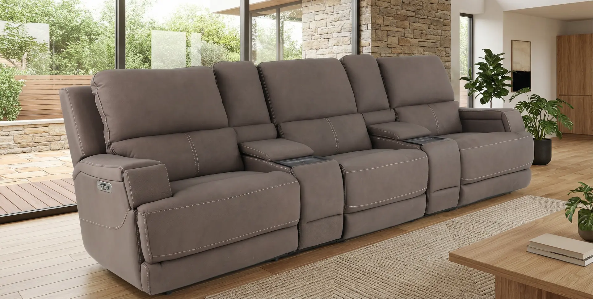 Rushton Espresso Brown Leather 5 Piece Power Reclining Home Theater Set-2