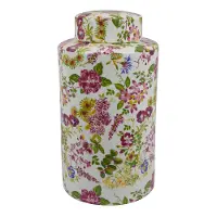 11.75  Pink and Yellow Floral Jar with Round Lid