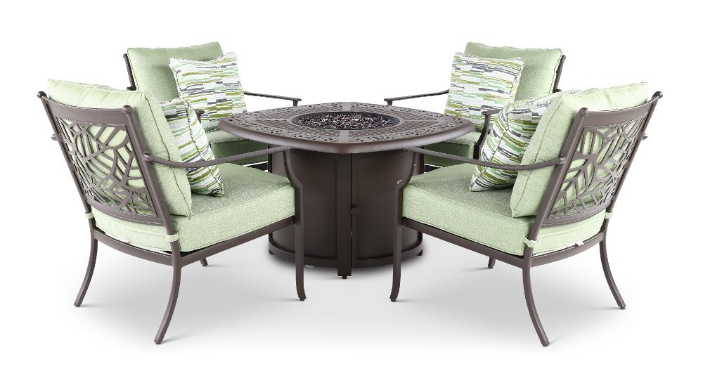 Thurston 5 Piece Gray and Green Firepit and Club Chair Patio Set