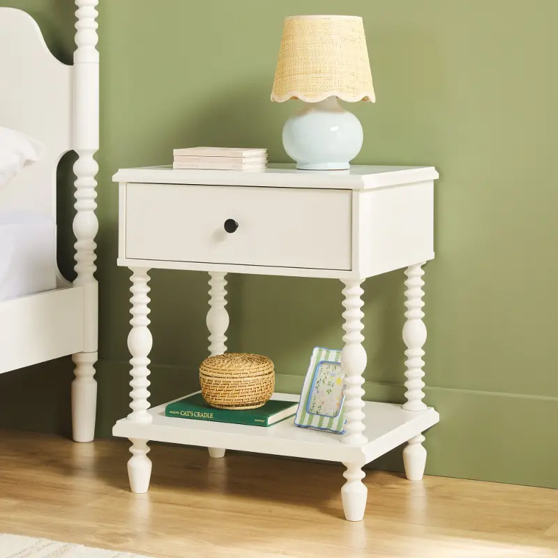 Vivienne White Wood Spindle 1-Drawer Nightstand
