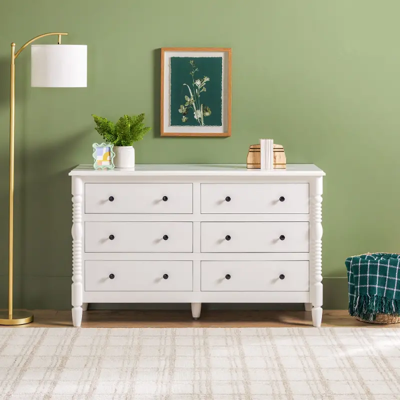 Vivienne White Wood Spindle 6-Drawer Dresser
