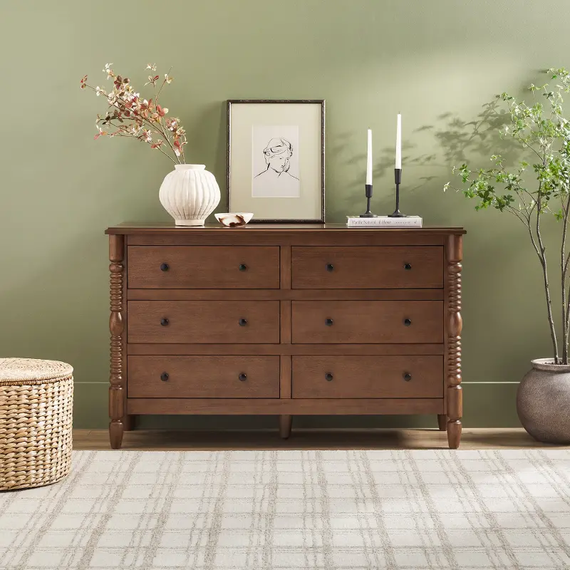 Vivienne Dark Wood Spindle 6-Drawer Dresser