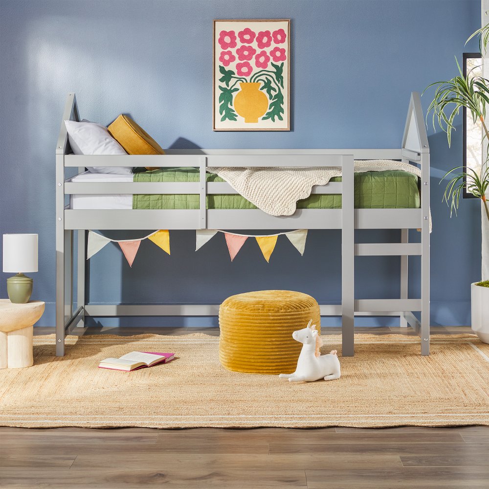 Skyler Gray Wood House Twin Low Loft Bed