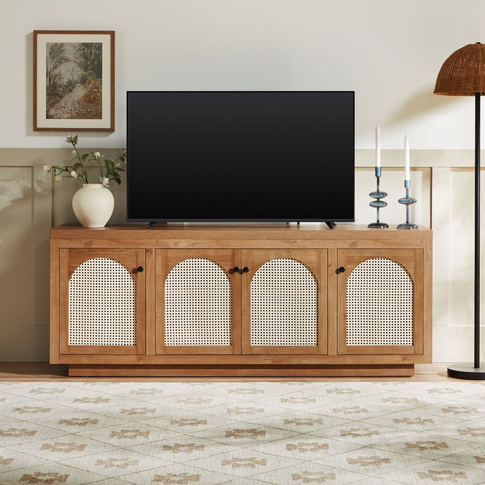 Sasha English Oak 70" TV Stand with Rattan Doors