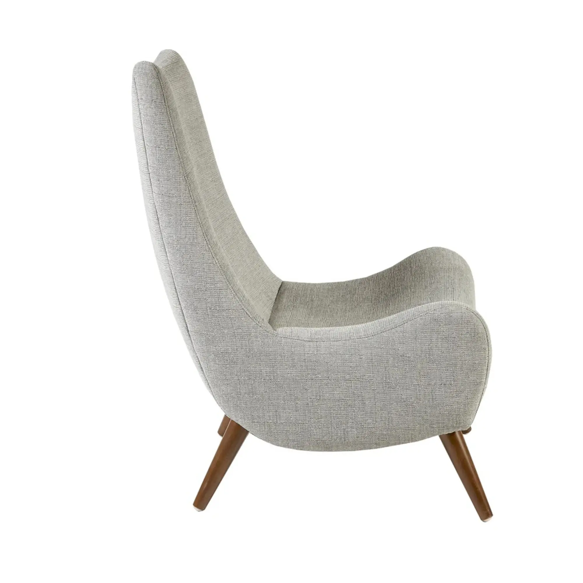 Gray chair with wooden legs from side view