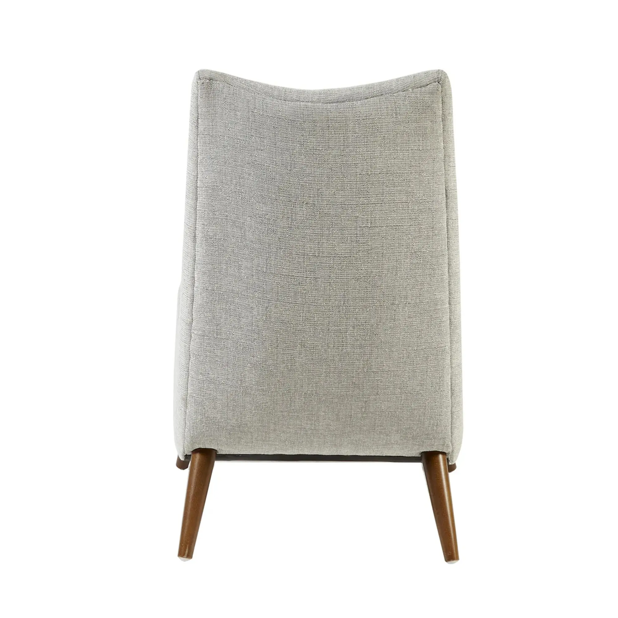Gray chair with wooden legs from back view
