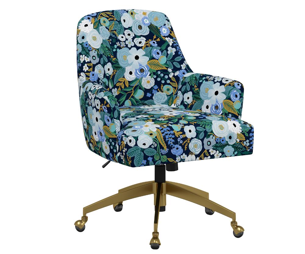 Rifle Paper Co Yvette Garden Party Blue Office Chair with Gold Base