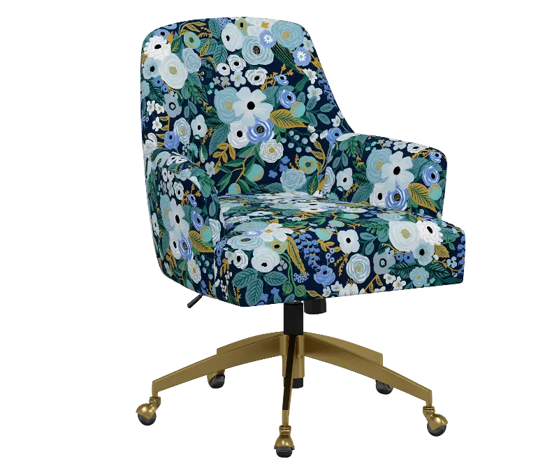 Rifle Paper Co Yvette Garden Party Blue Office Chair with Gold Base