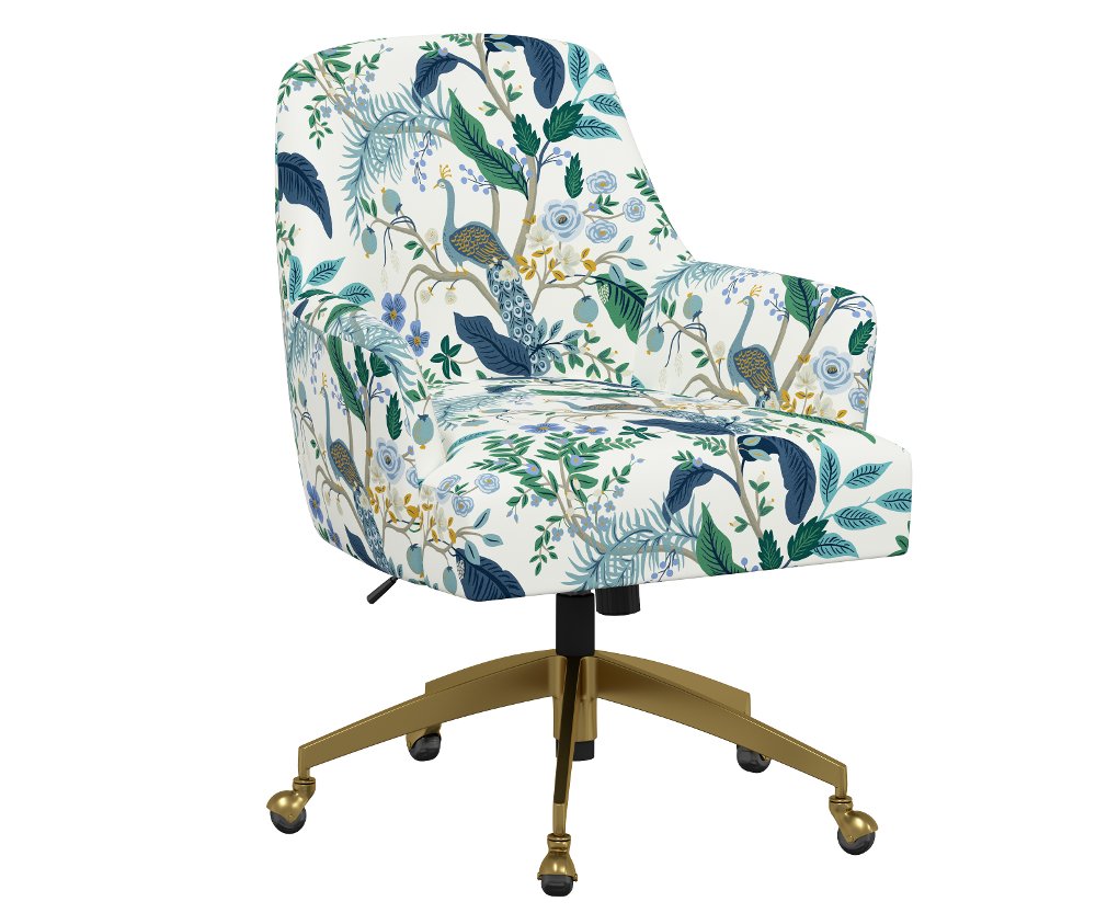 Rifle Paper Co Yvette Peacock Blue and White Office Chair with Gold Base