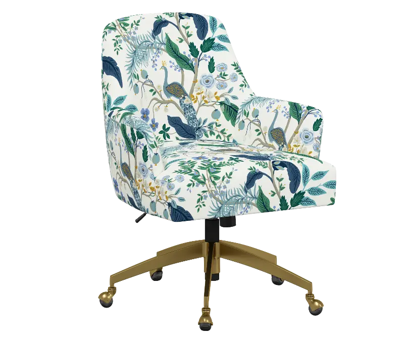 Rifle Paper Co Yvette Peacock Blue and White Office Chair with Gold Base