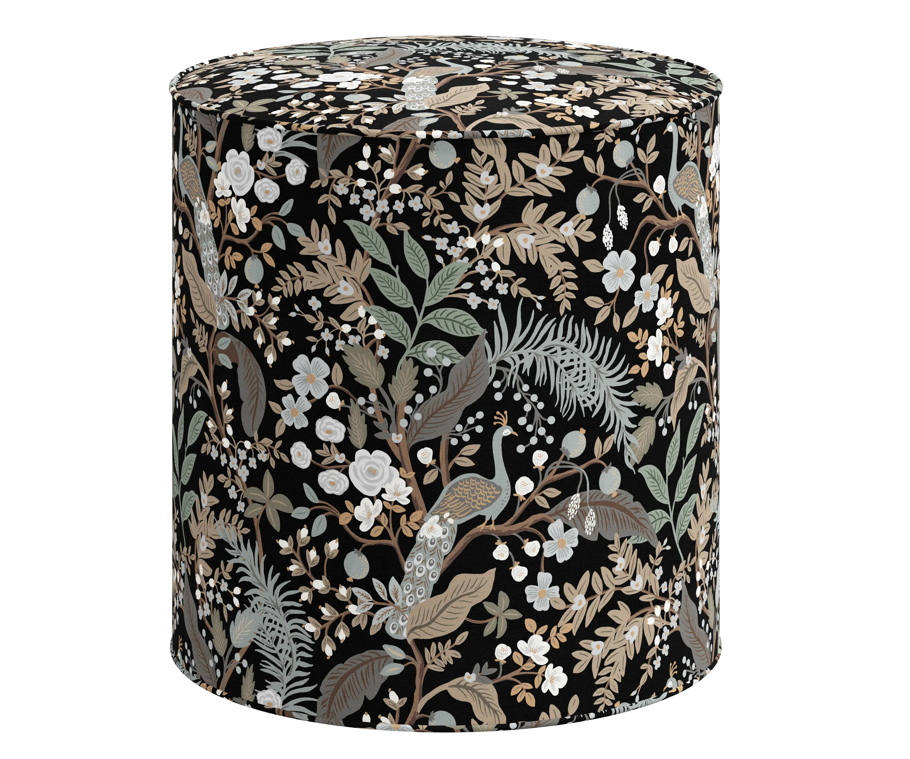 RPC90-2RPCPCBLKLCB Rifle Paper Co Billie Peacock Black Round Ottoman-1