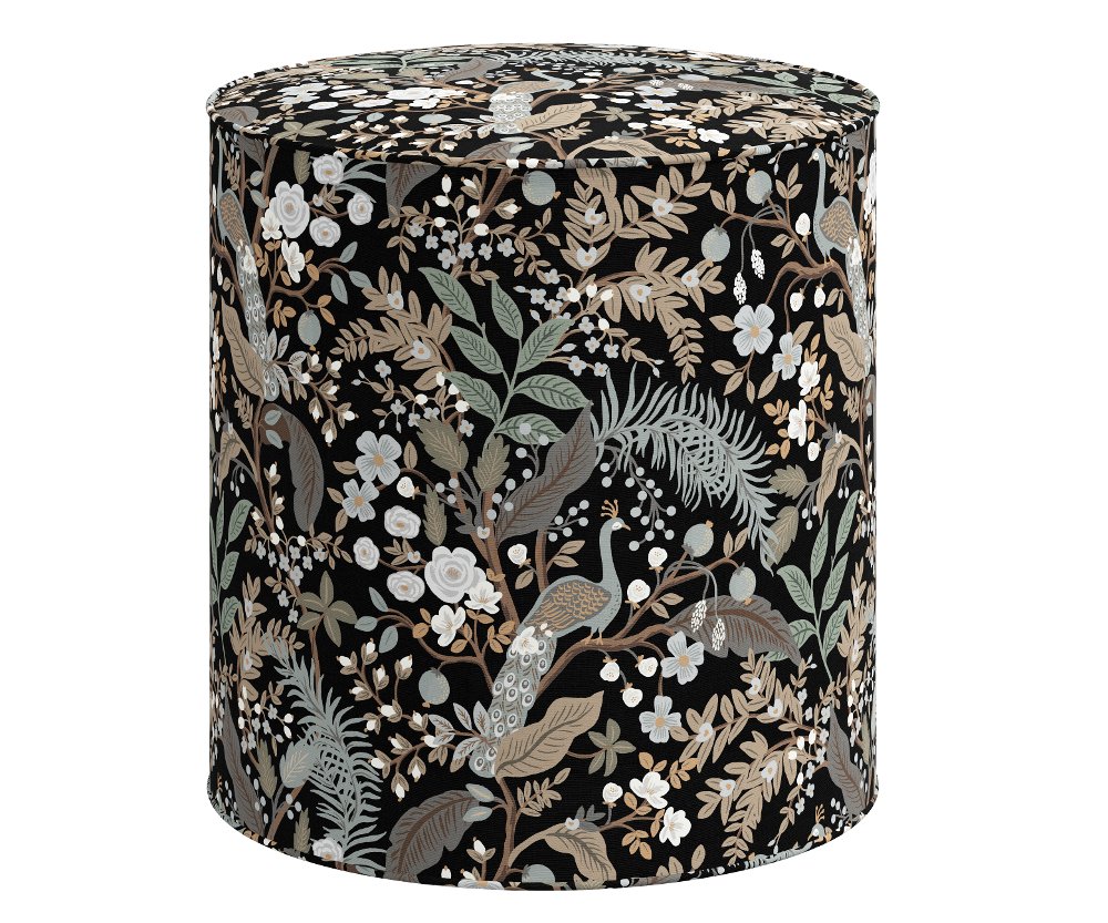 Rifle Paper Co Billie Peacock Black Round Ottoman