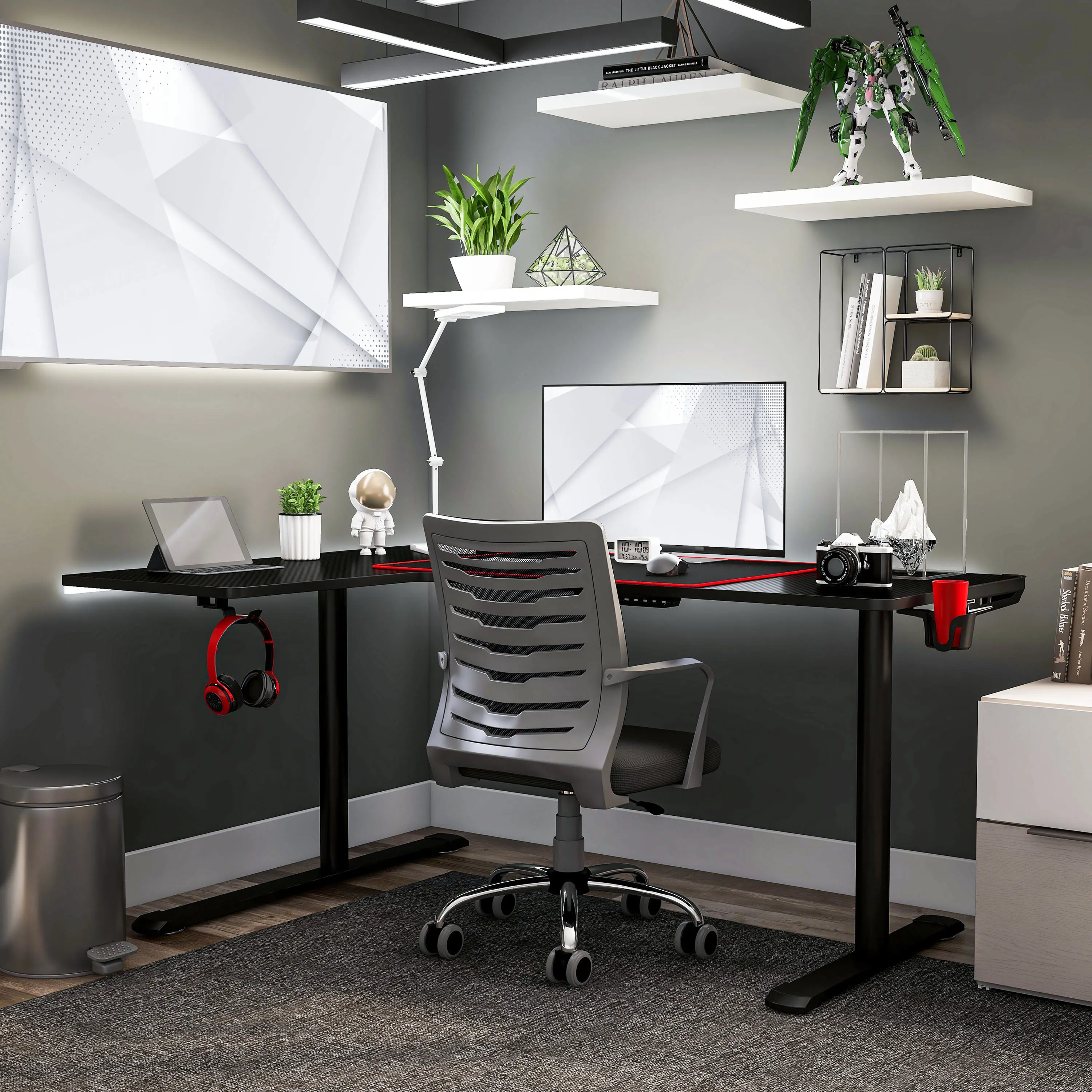 IDF-7031-BK Seward Carbon Fiber L-shaped Computer Desk in Black-2
