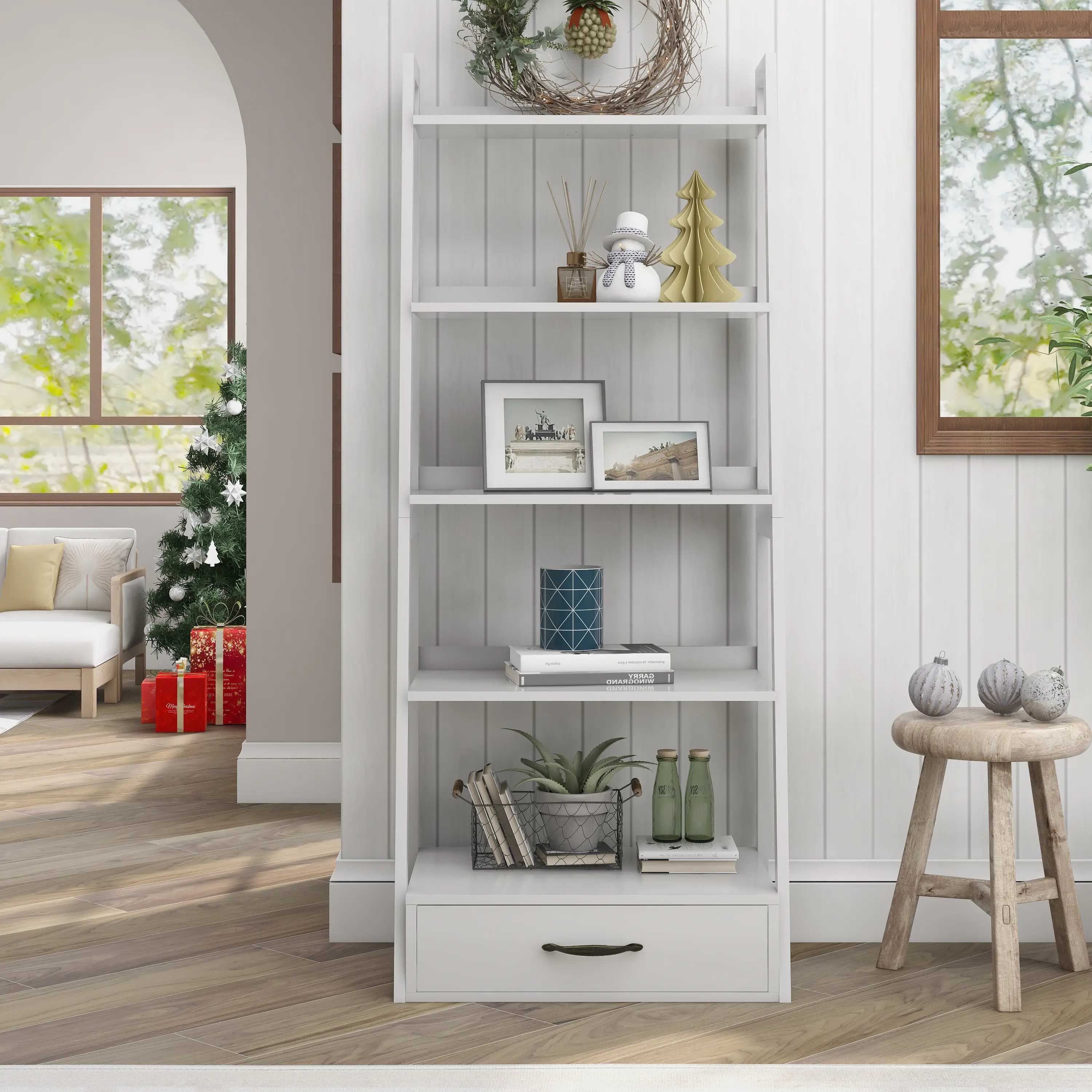 IDF-AC592WH Hinnes White Ladder Bookcase with Drawer-1