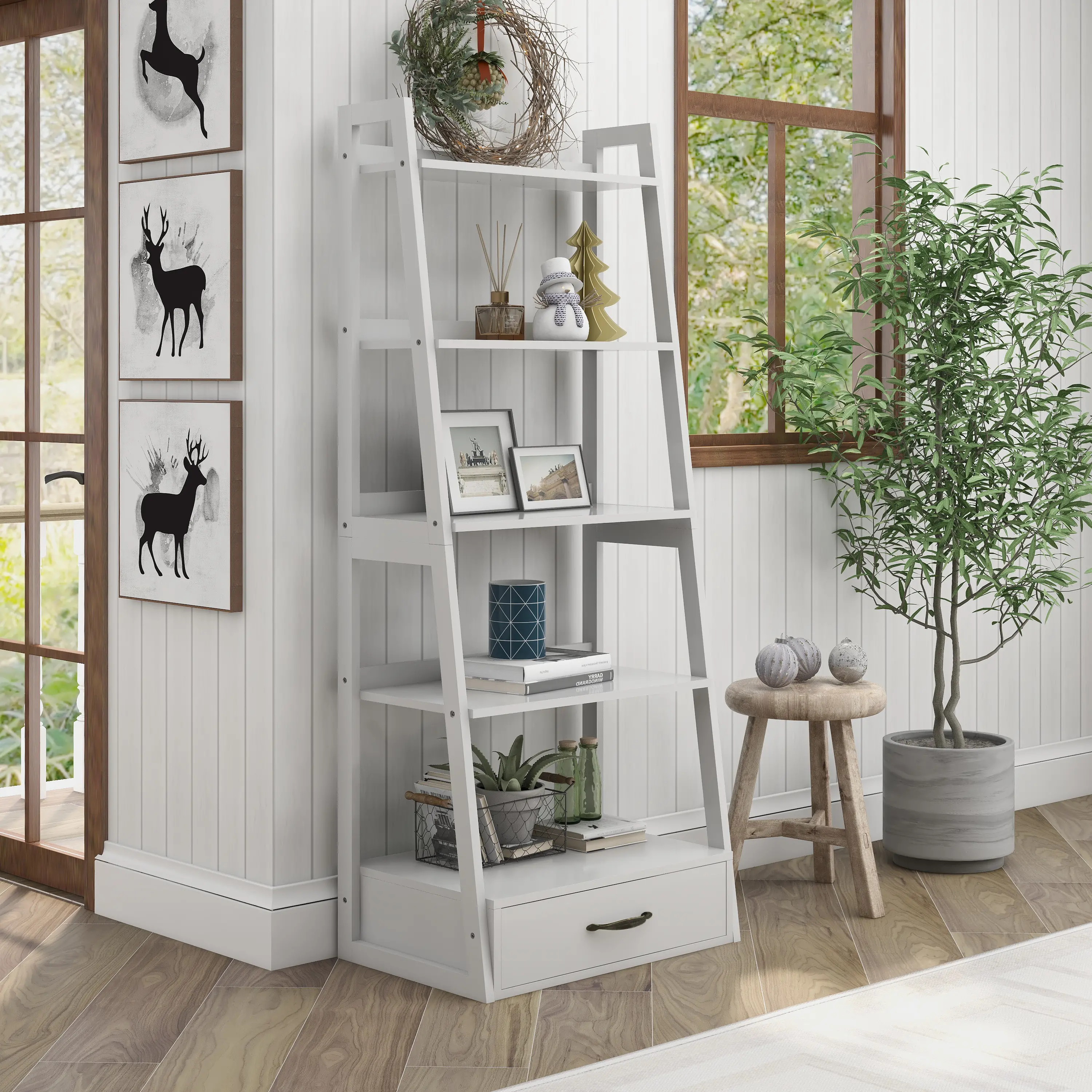 IDF-AC592WH Hinnes White Ladder Bookcase with Drawer-2