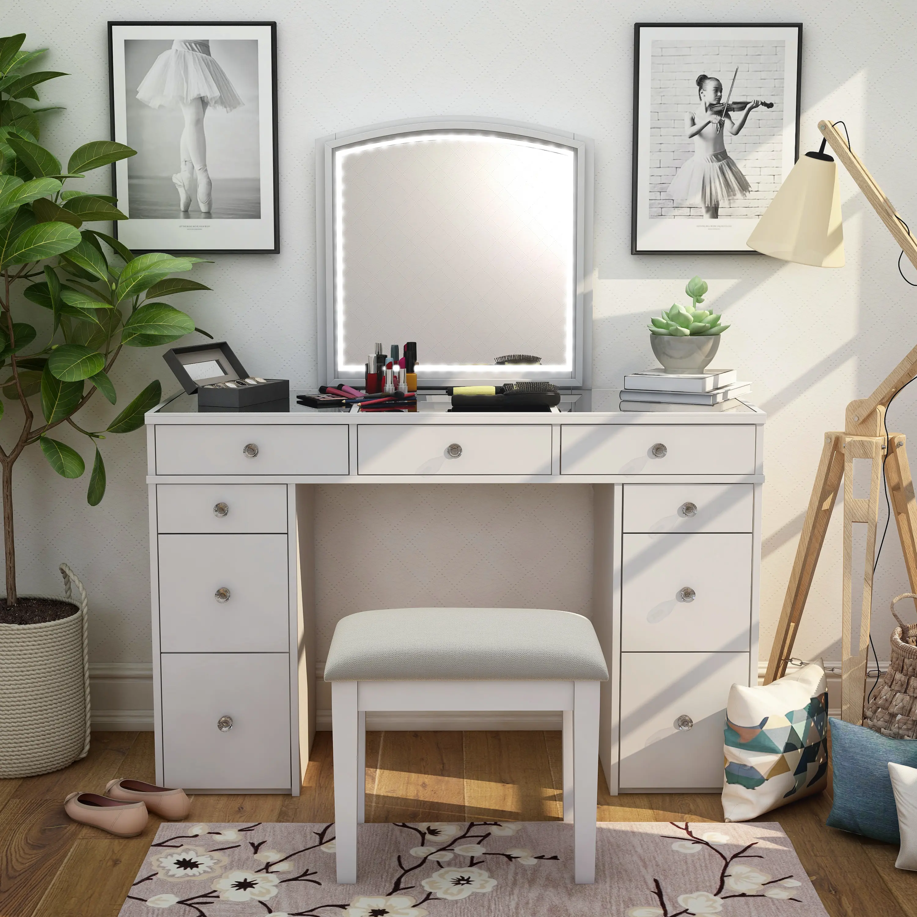 IDF-DK5240 Shelly White Vanity Set with Mirror and Stool-1