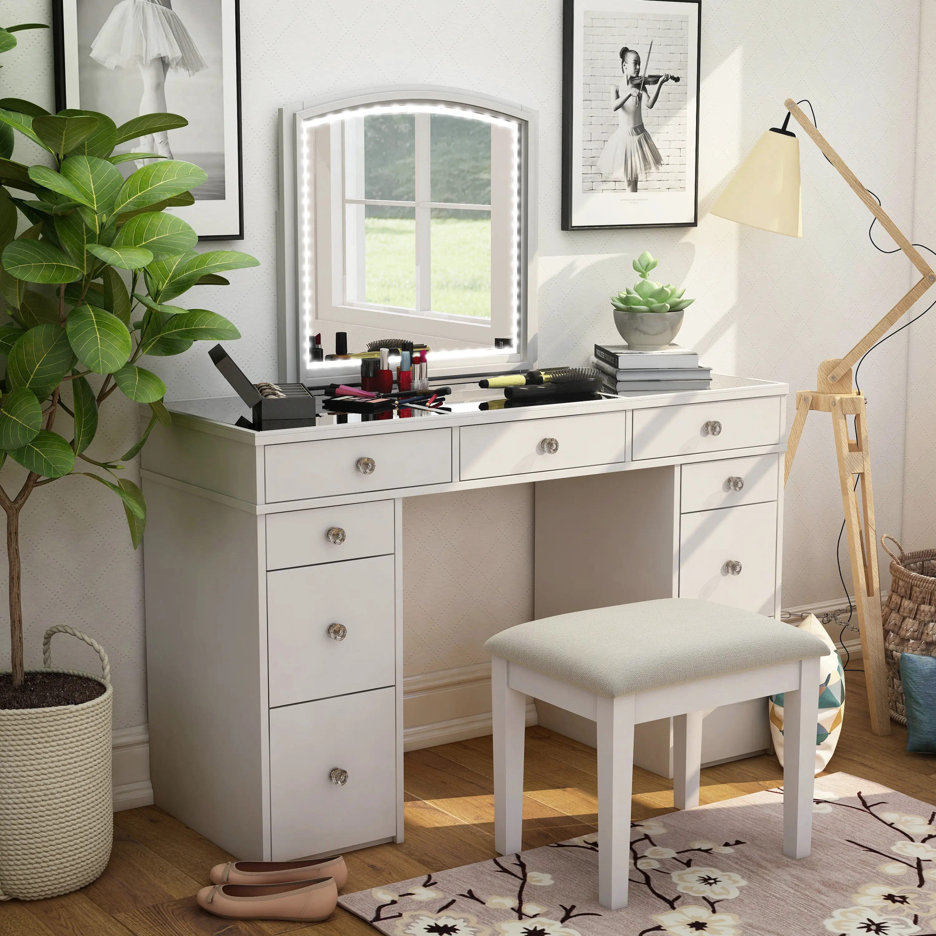 IDF-DK5240 Shelly White Vanity Set with Mirror and Stool-2