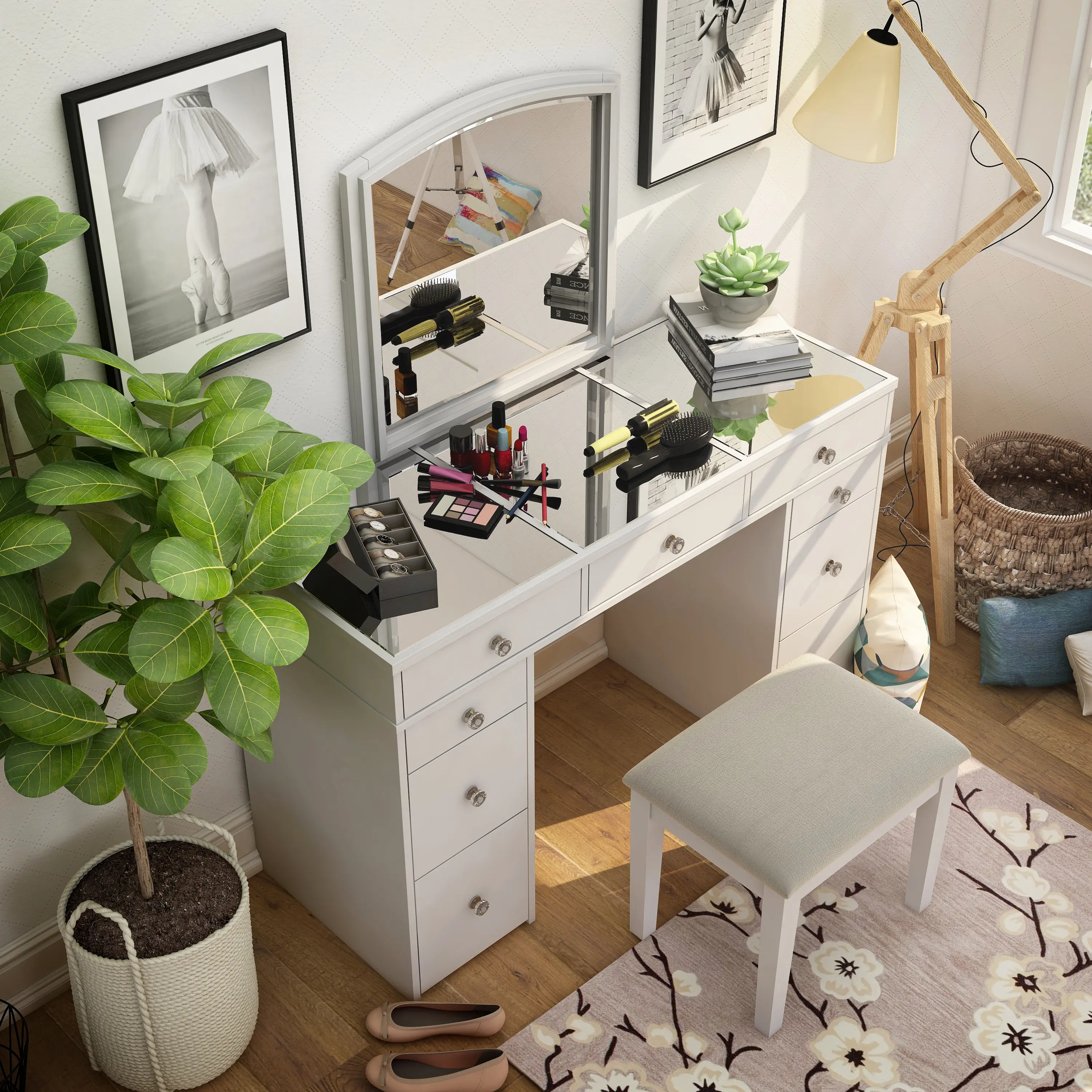 IDF-DK5240 Shelly White Vanity Set with Mirror and Stool-3
