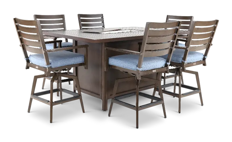 Adeline 7 Piece Blue Swivel Stool and Fire Table Patio Set