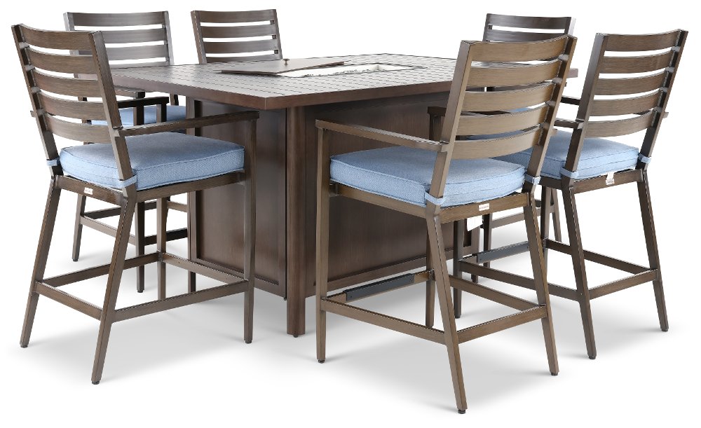 Adeline 7 Piece Blue Bar Stool and Fire Table Patio Set