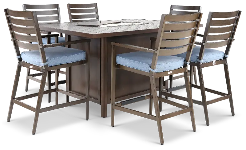 Adeline 7 Piece Blue Bar Stool and Fire Table Patio Set