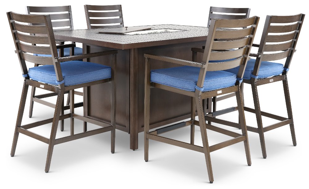 Adeline 7 Piece Blue Bar Stool and Fire Table Patio Set