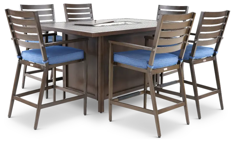 Adeline 7 Piece Blue Bar Stool and Fire Table Patio Set
