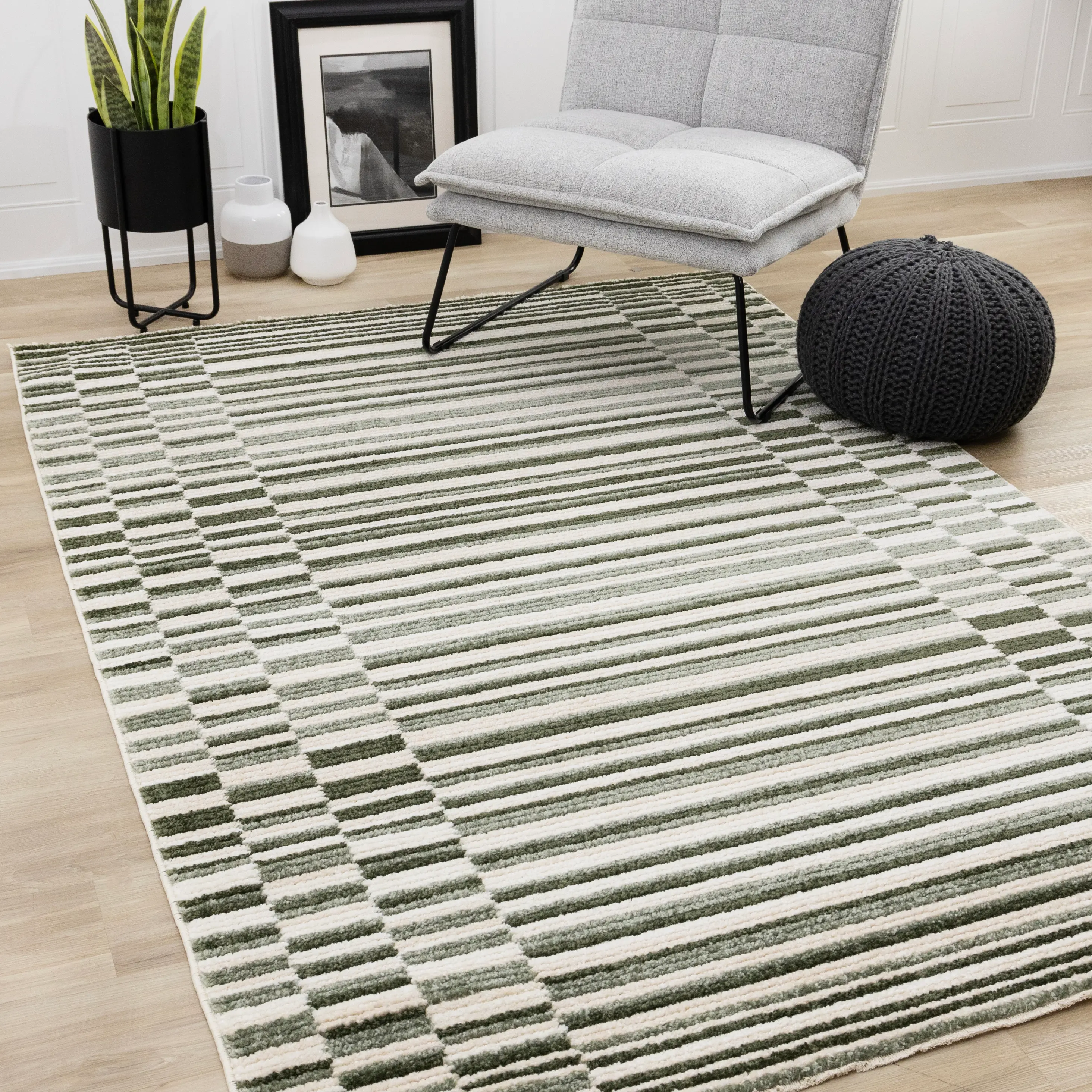 Nala Green and Cream Striped 5 x 8 Area Rug-2