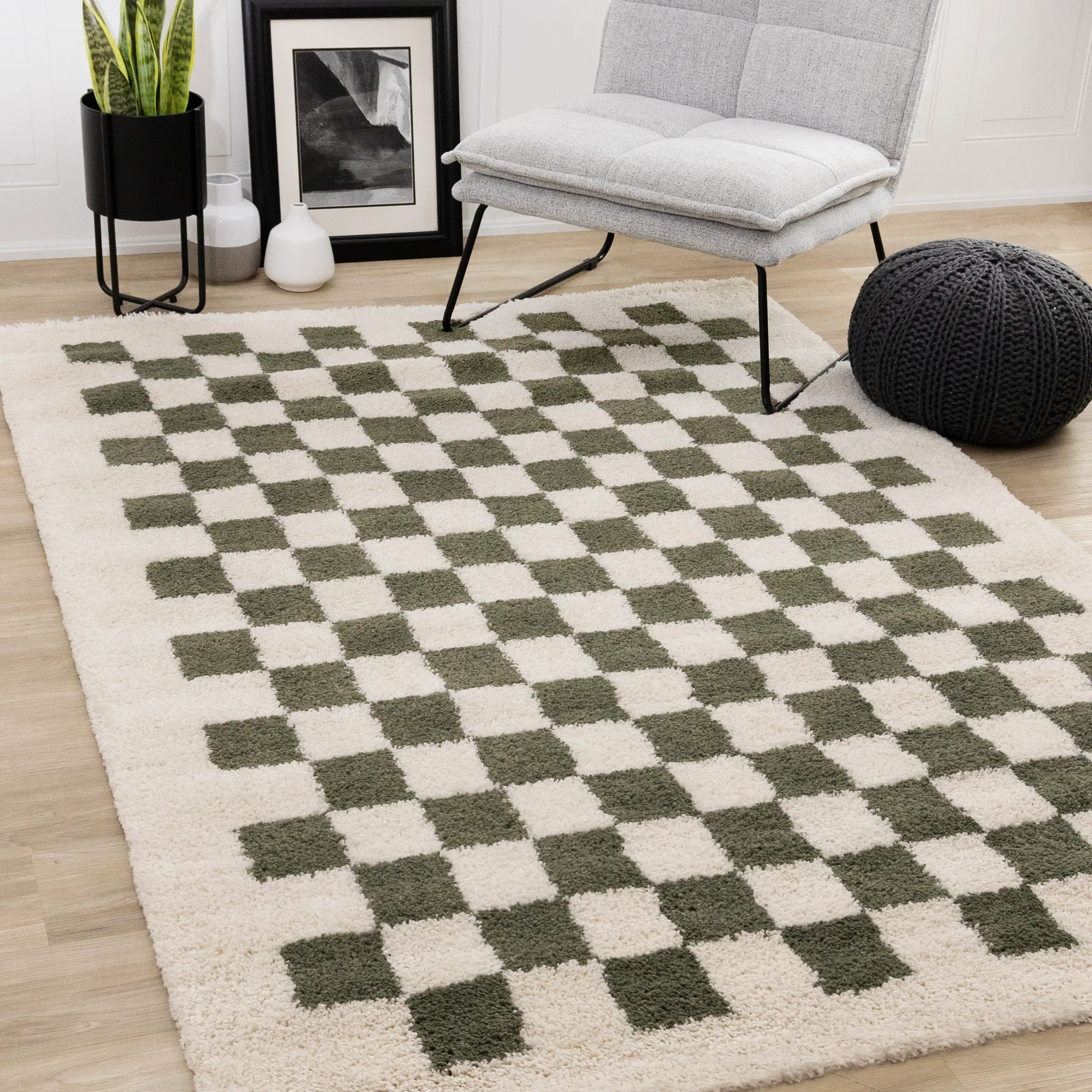 Match Sage Green Checkered 5 x 8 Shag Rug-2