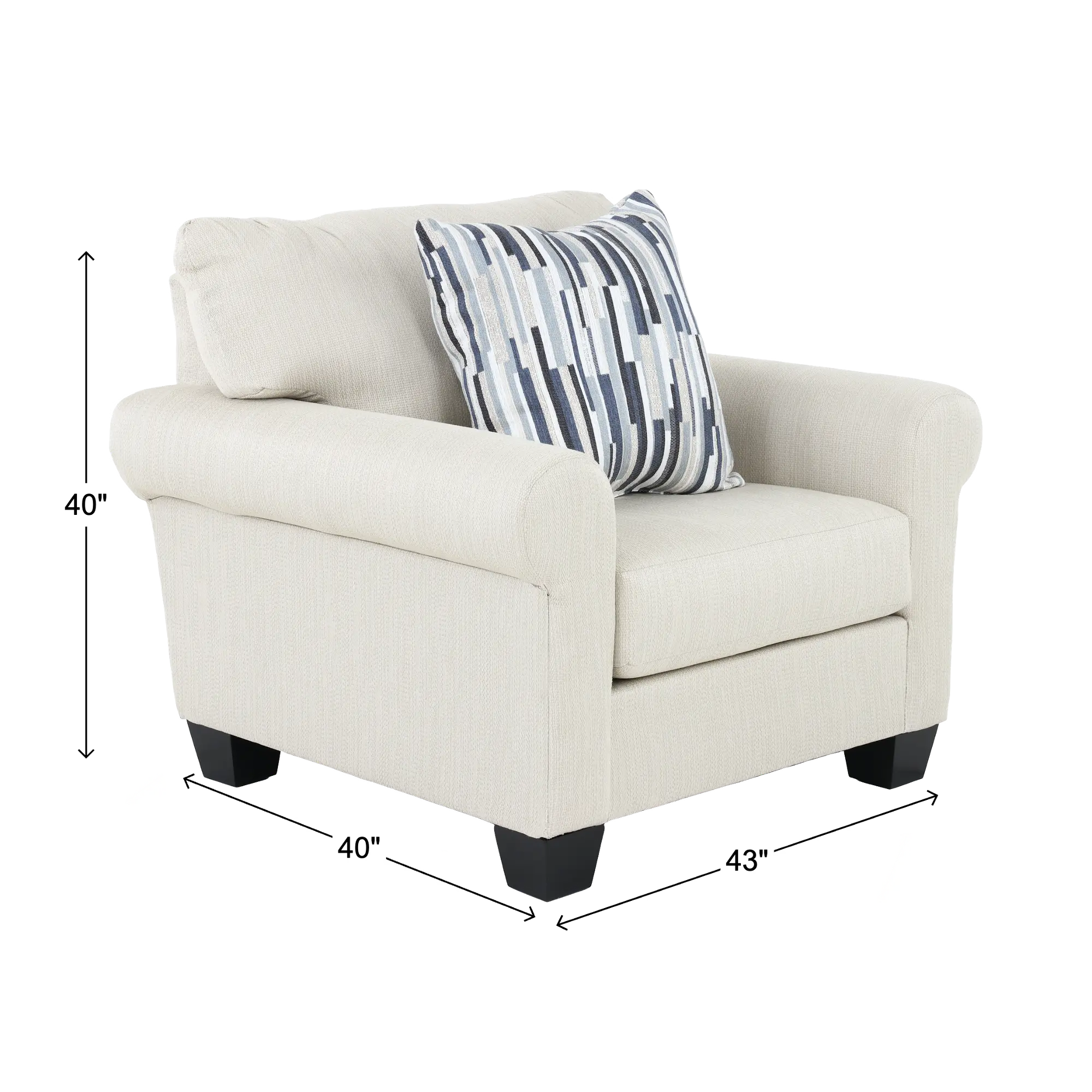 Beige armchair with patterned blue gray pillow