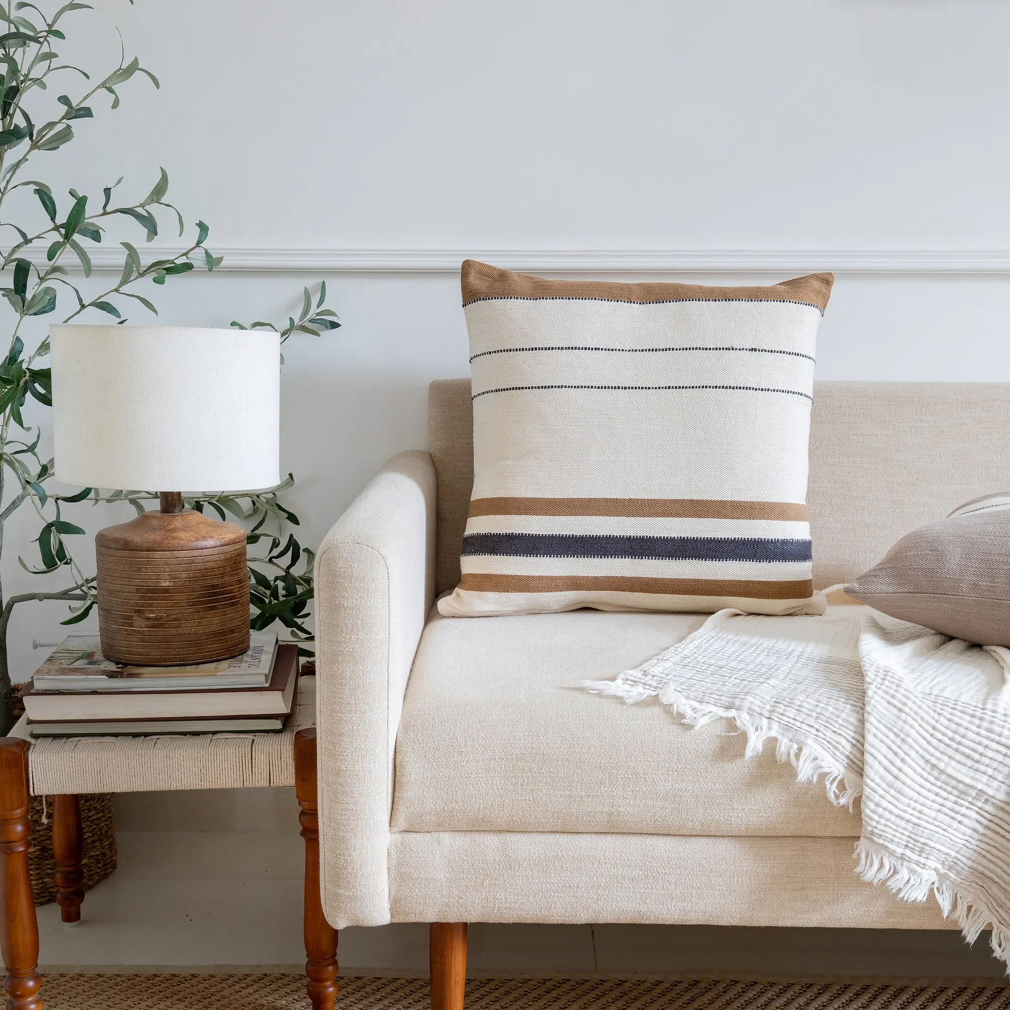 Cream Striped Throw Pillow-2
