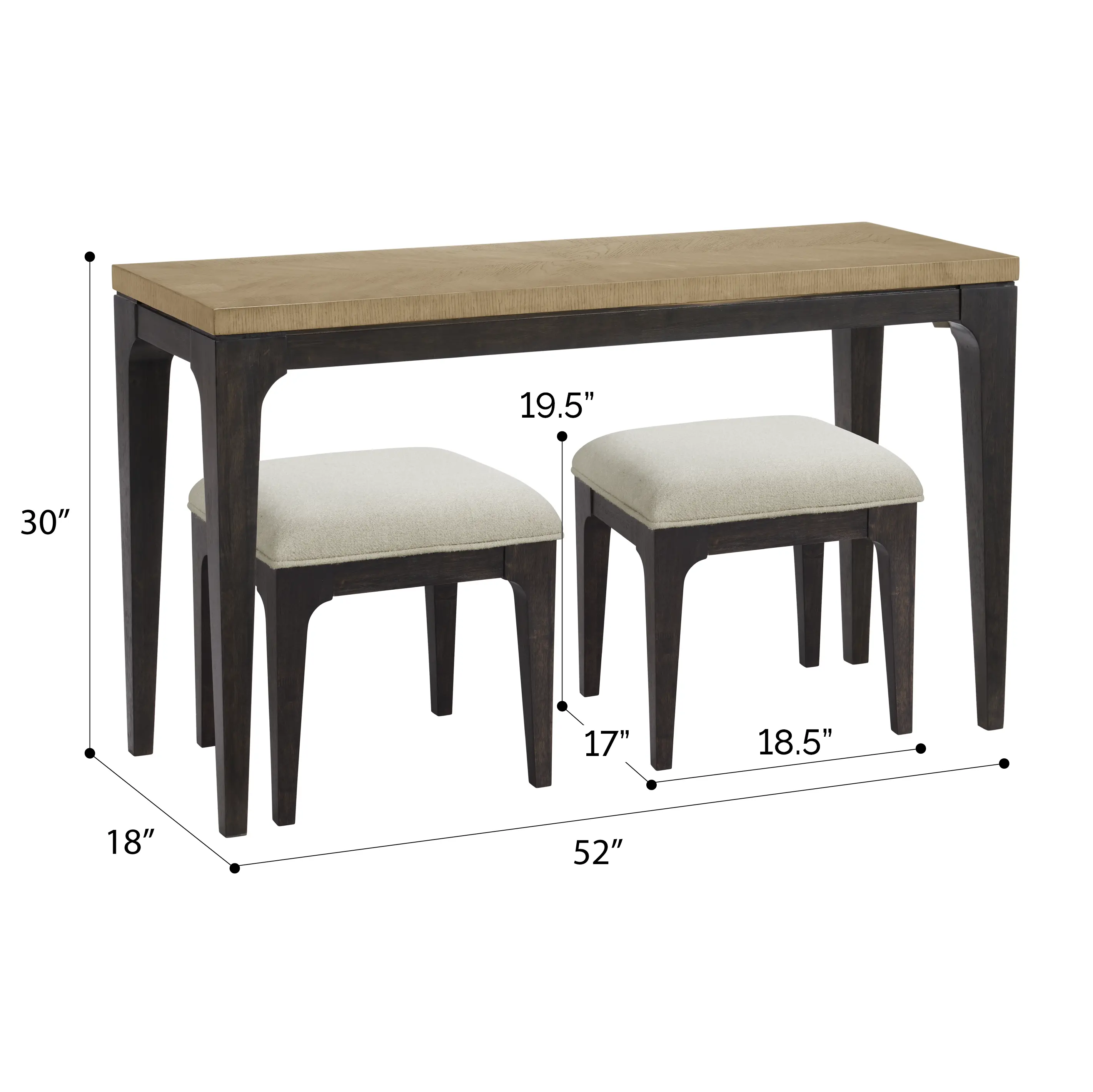 Sutton Brown Sofa Table and Off-White Stools, Set of 3-3