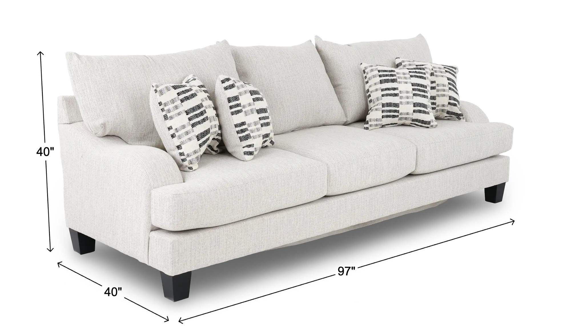 Three-seat light beige sofa with back pillows in a living room