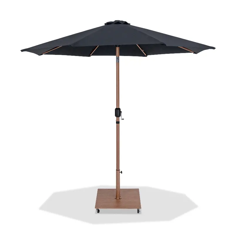Fiji Black Patio Umbrella with Teak Aluminum Base Set
